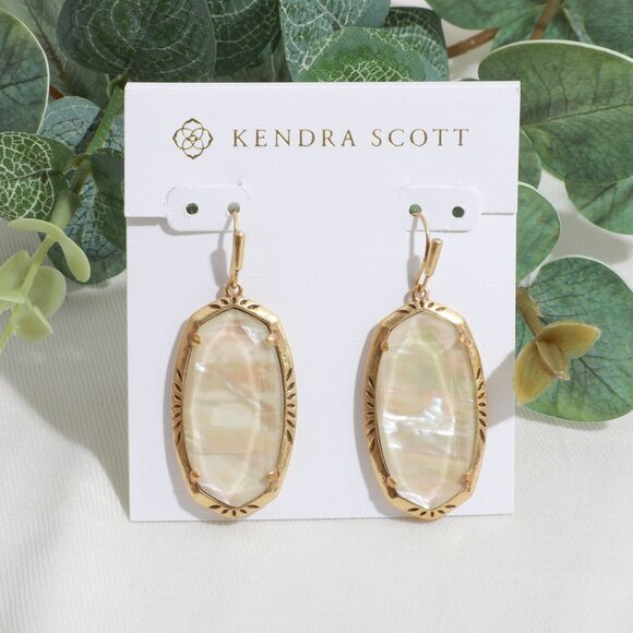 Kendra Scott Elle Vintage Gold Iridescent Abalone Etch Frame Drop Earrings - Picture 1 of 4